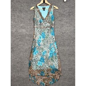 Y2K Meghan Matthews Size 4 Midi Shift Dress Blue Animal Print Ruffled Sleeveless